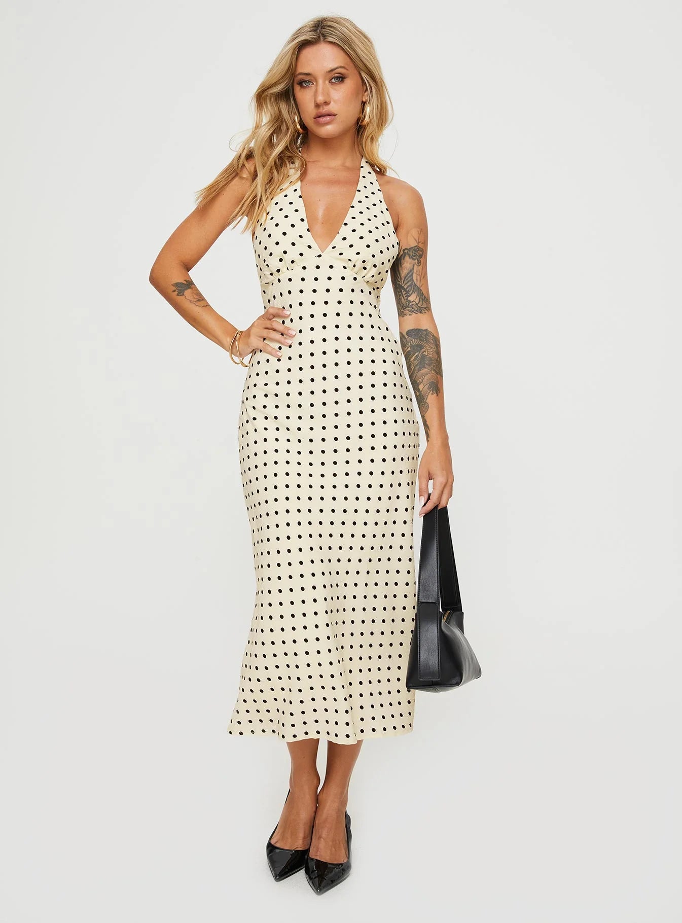 Cream Polka Dot Halter Neck Open Back Midi Evening Dresses