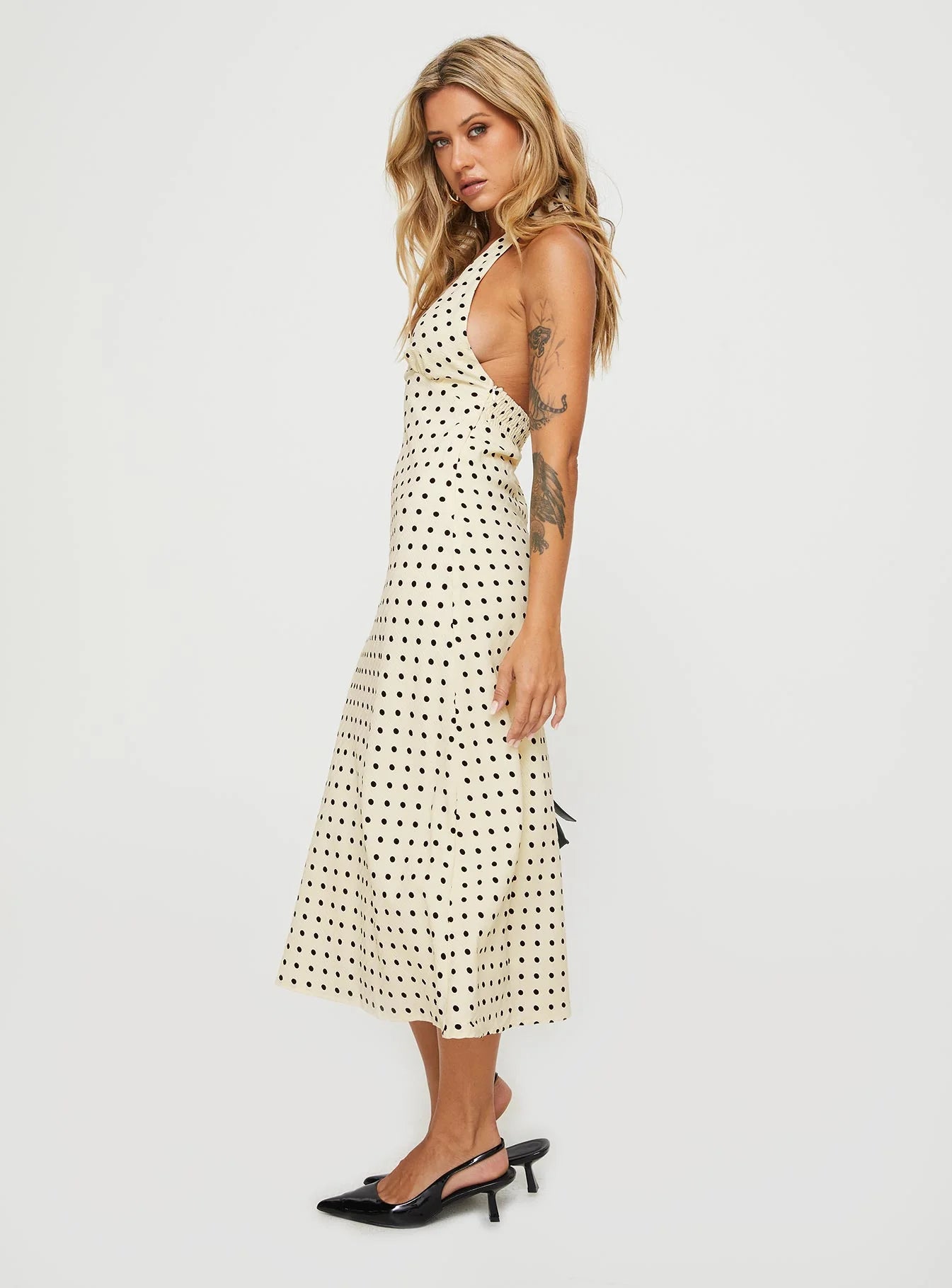 Cream Polka Dot Halter Neck Open Back Midi Evening Dresses