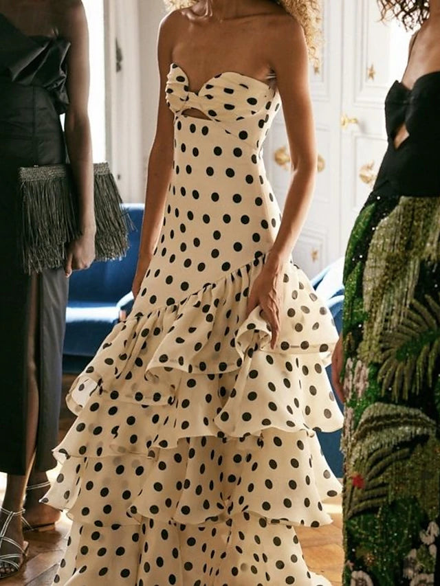 Cream Polka Dot Strapless Ruffle Evening Dresses