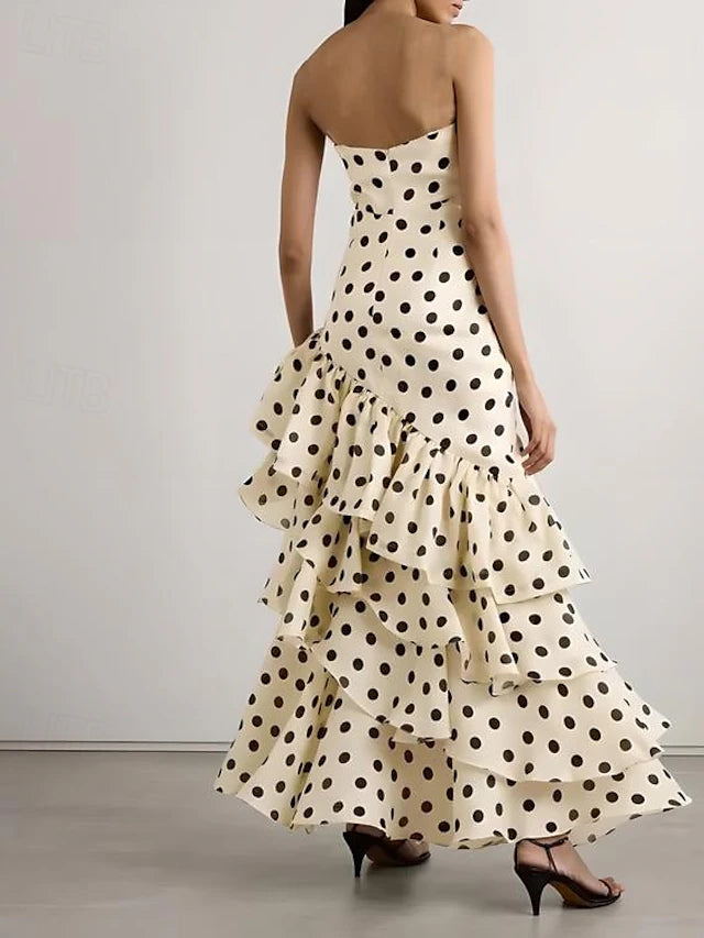 Cream Polka Dot Strapless Ruffle Evening Dresses
