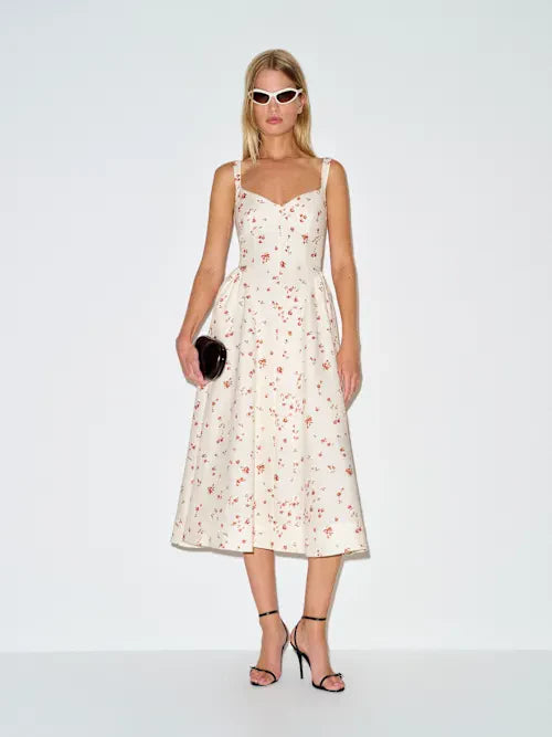 Cream Red Floral Print Sweetheart Neckline Prom Dress