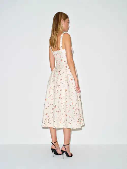 Cream Red Floral Print Sweetheart Neckline Prom Dress