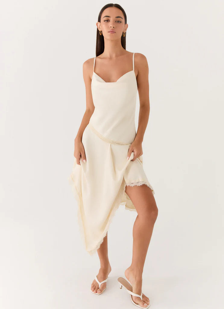 Cream Satin Cowl Neck Lace Trim Asymmetrical Midi Dresses