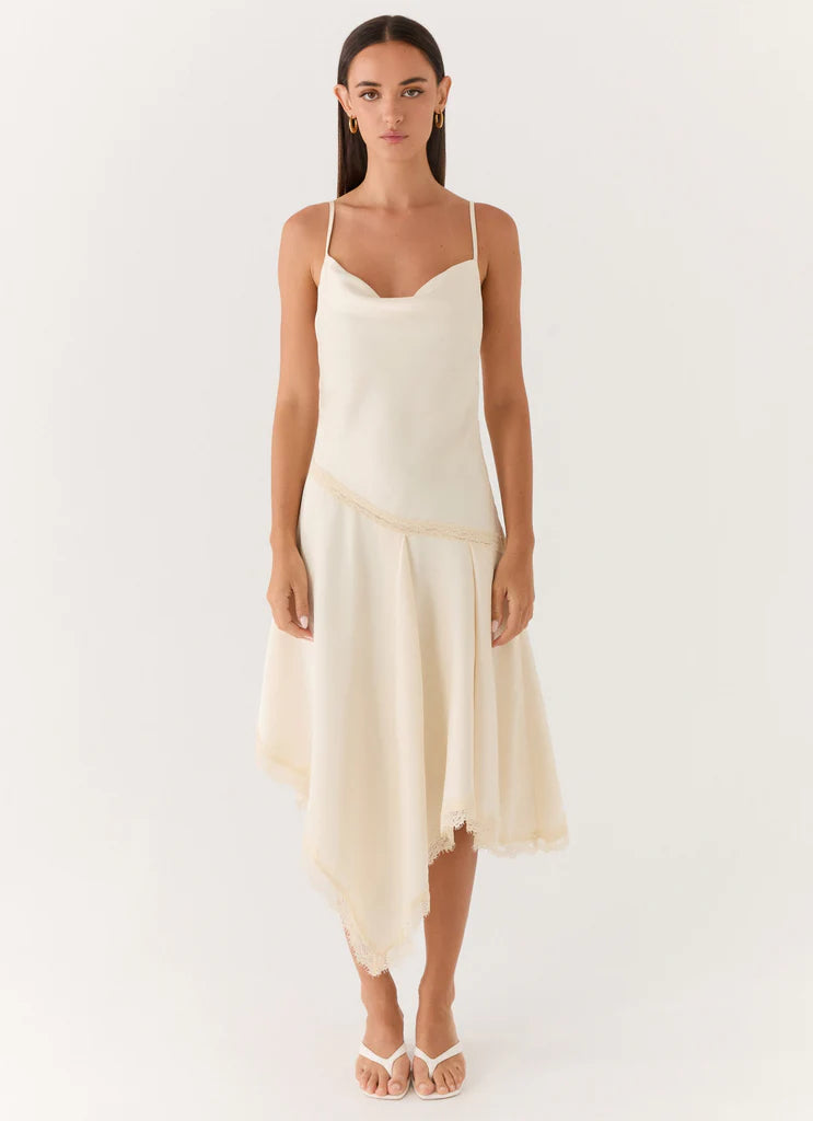 Cream Satin Cowl Neck Lace Trim Asymmetrical Midi Dresses