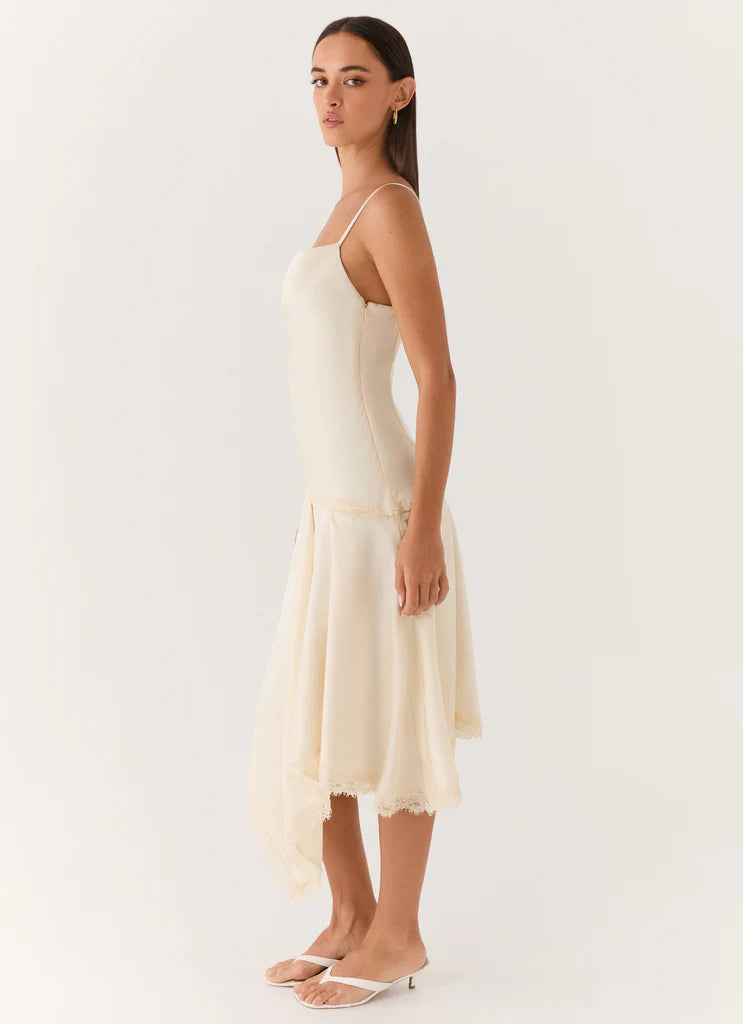 Cream Satin Cowl Neck Lace Trim Asymmetrical Midi Dresses