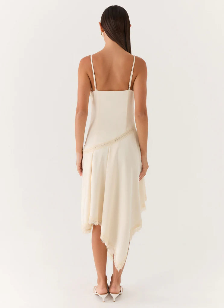 Cream Satin Cowl Neck Lace Trim Asymmetrical Midi Dresses
