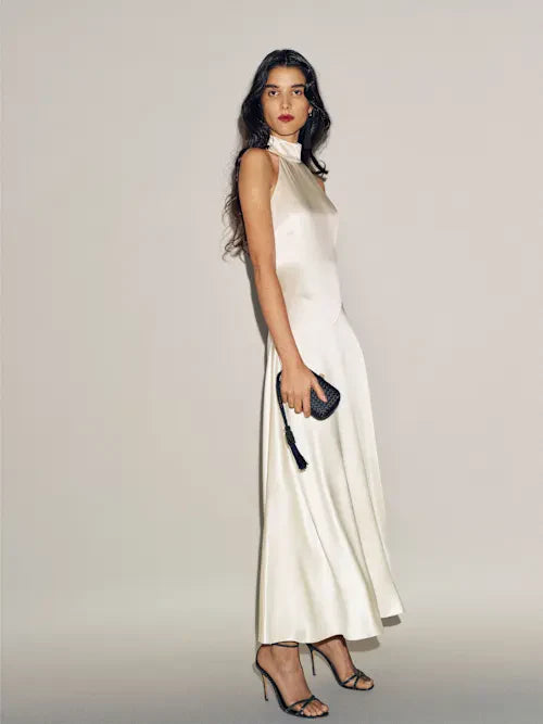 Cream Satin Halter Neck Sleeveless Midi Prom Dress