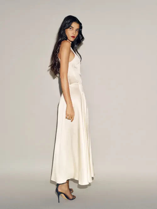 Cream Satin Halter Neck Sleeveless Midi Prom Dress