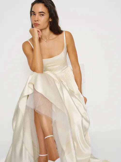 Cream Satin Square Neck Spaghetti Strap Prom Gown