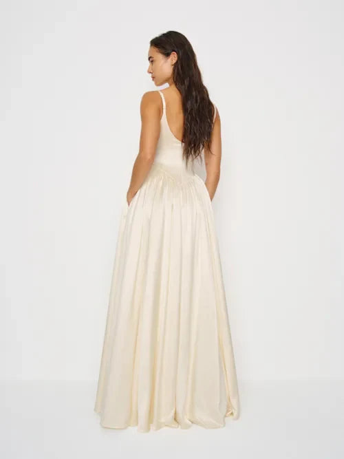 Cream Satin Square Neck Spaghetti Strap Prom Gown
