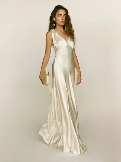 Cream Satin Tie-Strap Deep V-Neck Open Back Maxi Prom Gown