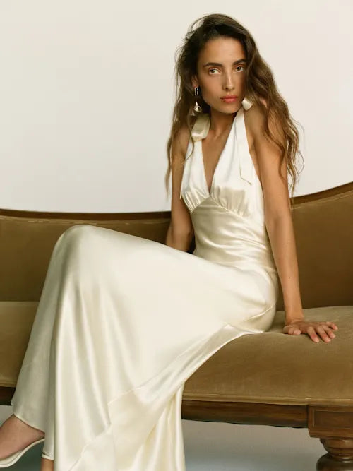 Cream Satin Tie-Strap Deep V-Neck Open Back Maxi Prom Gown