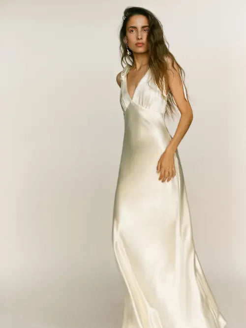Cream Satin Tie-Strap Deep V-Neck Open Back Maxi Prom Gown