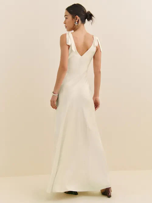 Cream Satin Tie-Strap Deep V-Neck Open Back Maxi Prom Gown