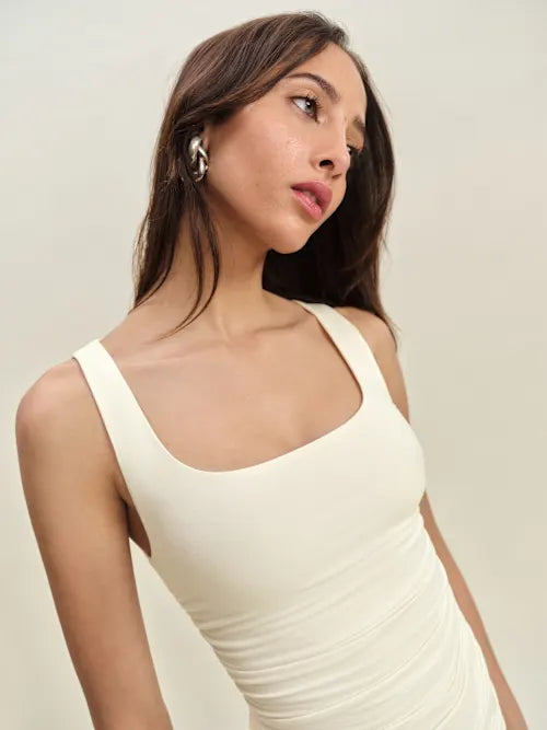 Cream Square Neck Ruched Bodice Flounce Hem Midi Prom Dress