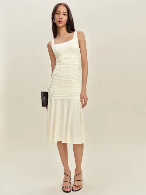 Cream Square Neck Ruched Bodice Flounce Hem Midi Prom Dress