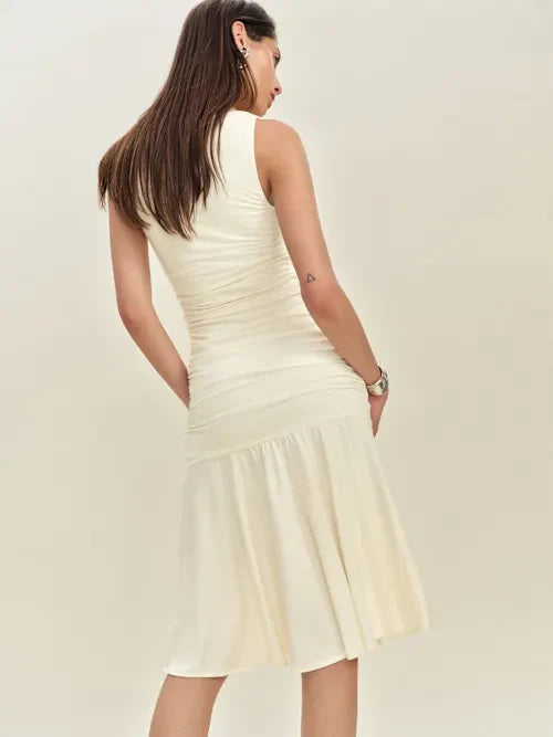 Cream Square Neck Ruched Bodice Flounce Hem Midi Prom Dress