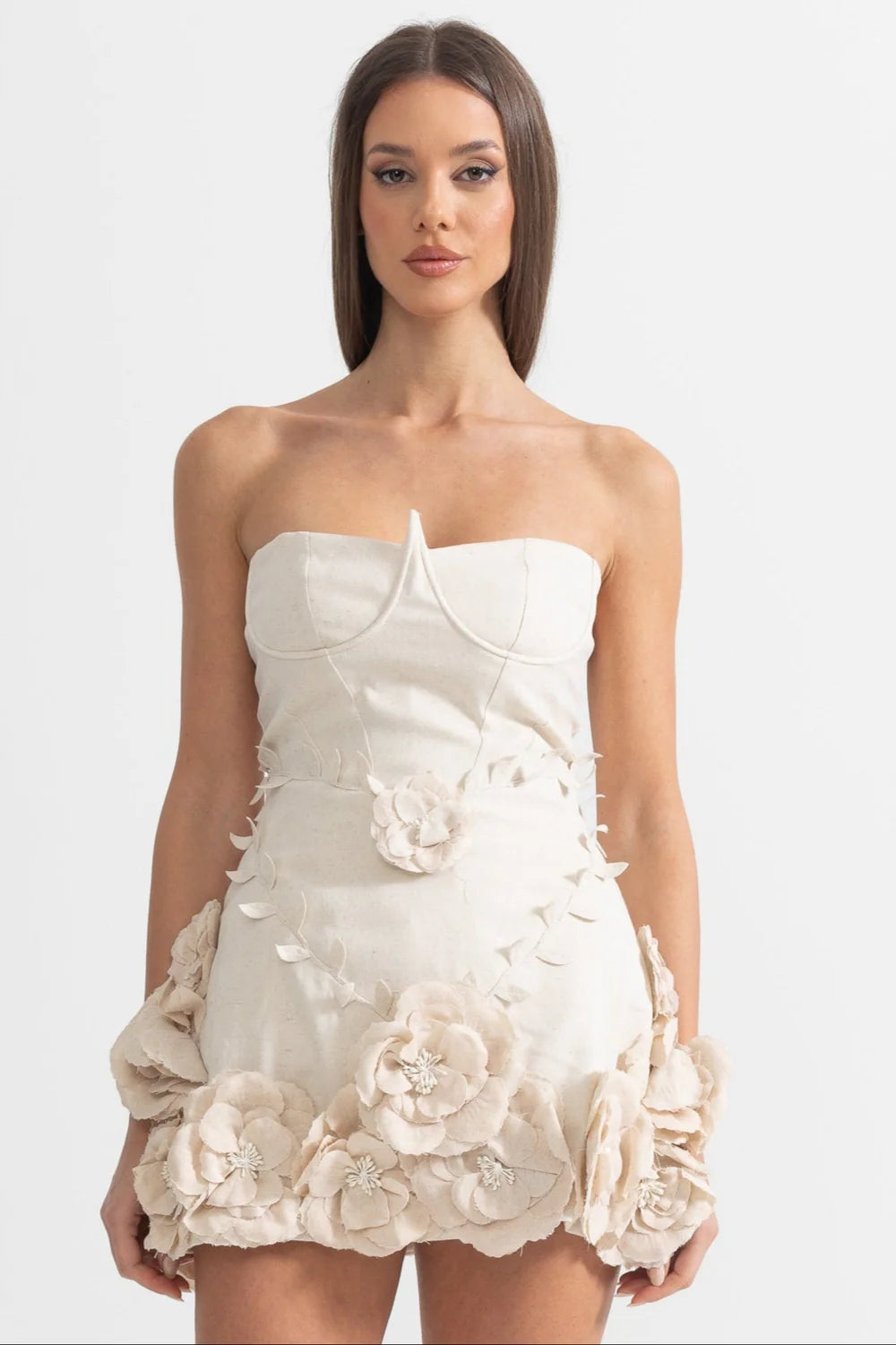 Cream Strapless 3D Floral Homecoming Dresses