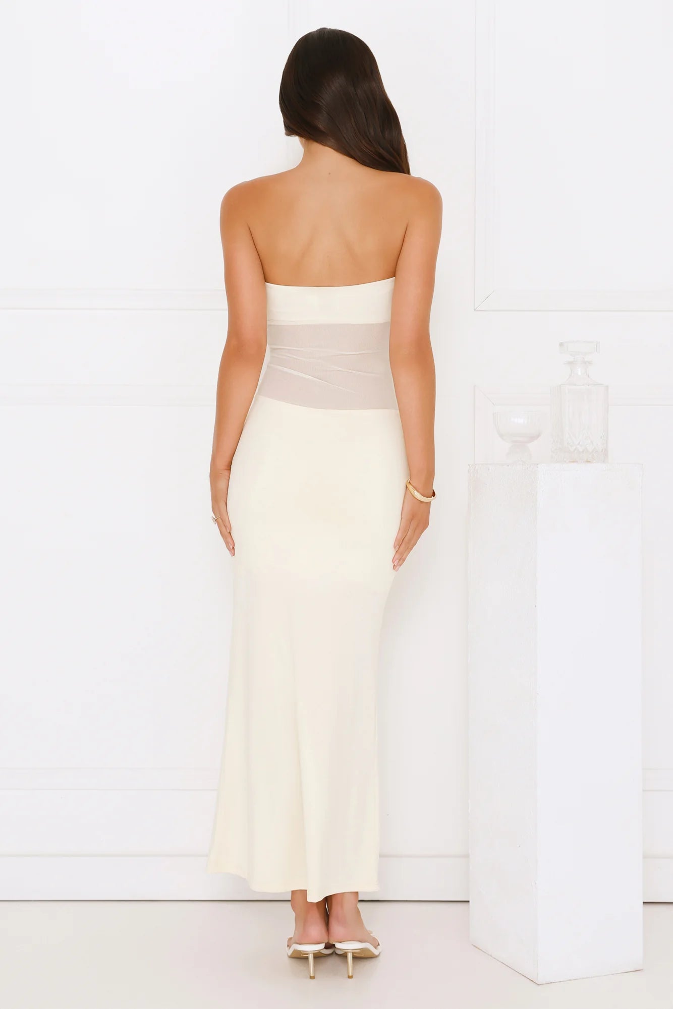 Cream Strapless Bow Detail Mesh Insert Maxi Evening Dresses