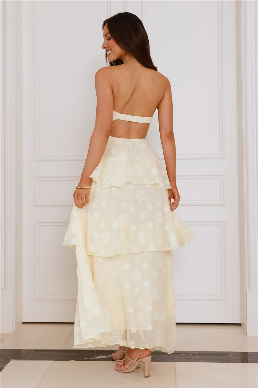 Cream Strapless Bow Detail Tiered Floral Maxi Dresses