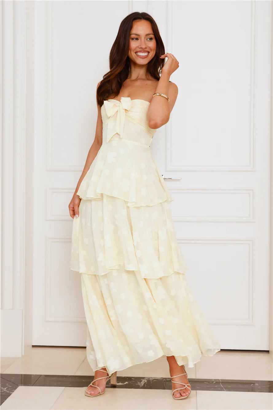 Cream Strapless Bow Detail Tiered Floral Maxi Dresses