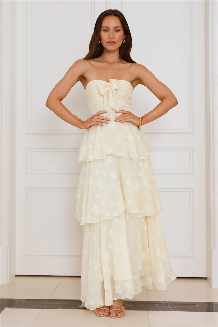 Cream Strapless Bow Detail Tiered Floral Maxi Dresses