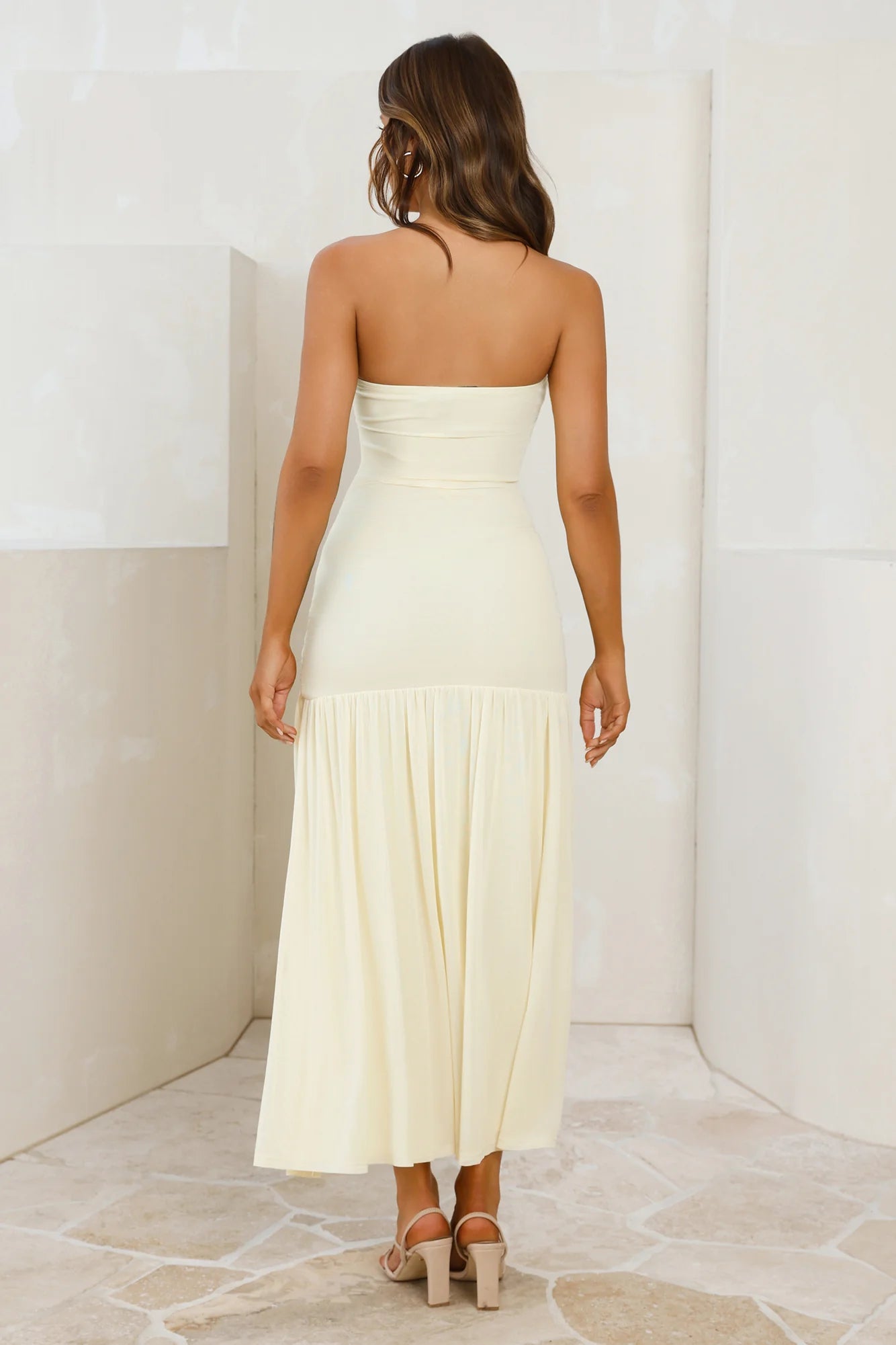 Cream Strapless Mesh Insert Ruched Maxi Dresses