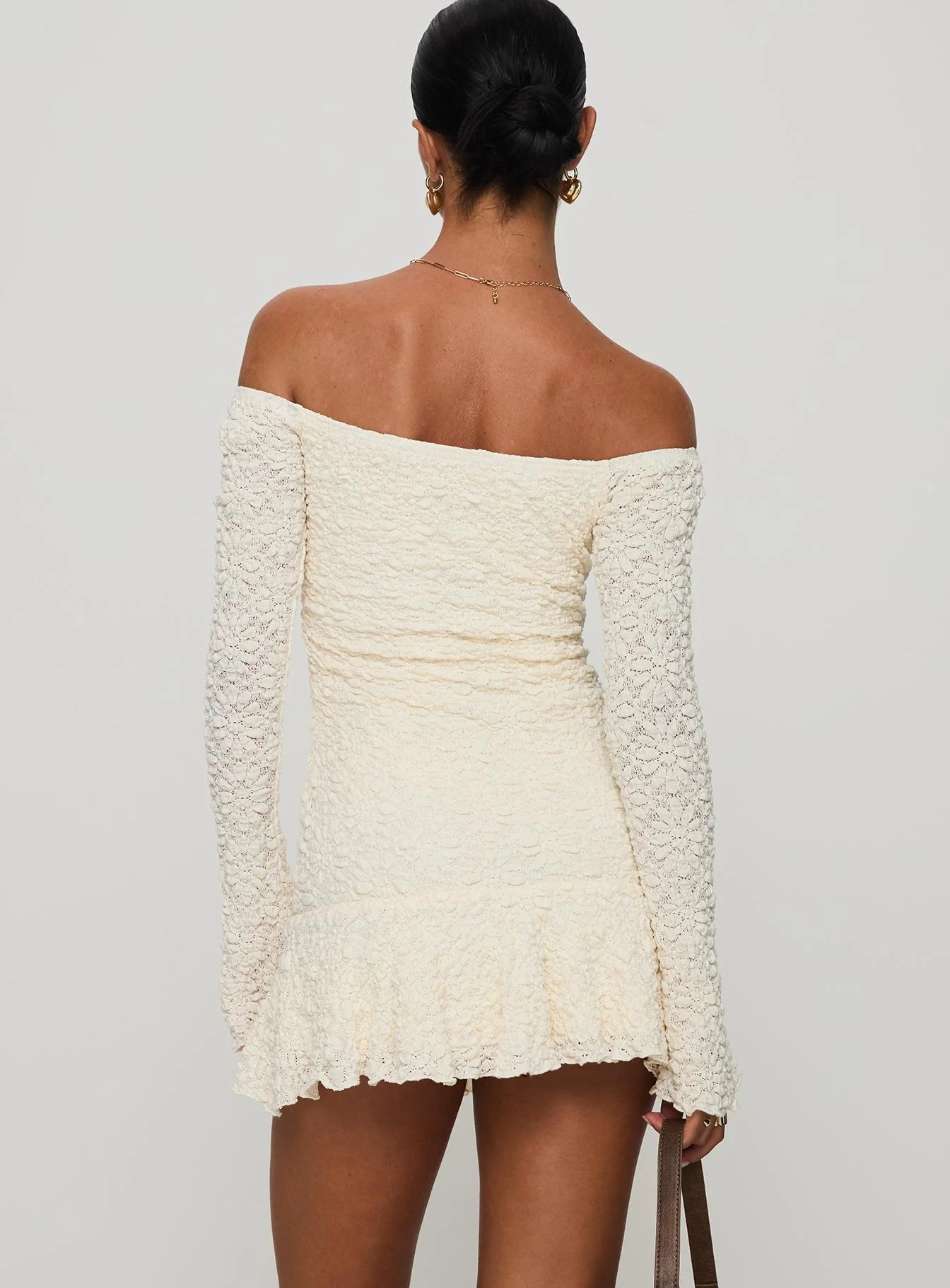 Cream Textured Lace Off-the-Shoulder Long Sleeve Ruffle Hem Mini Evening Dresses
