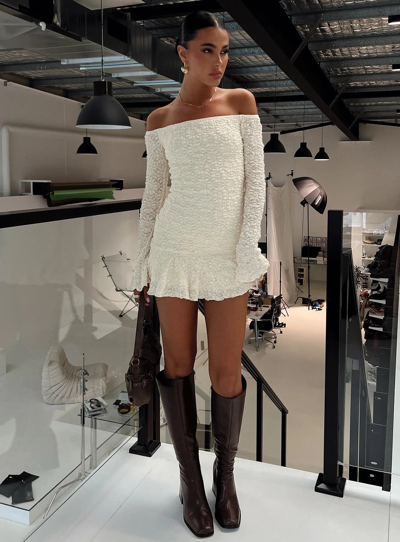 Cream Textured Lace Off-the-Shoulder Long Sleeve Ruffle Hem Mini Evening Dresses
