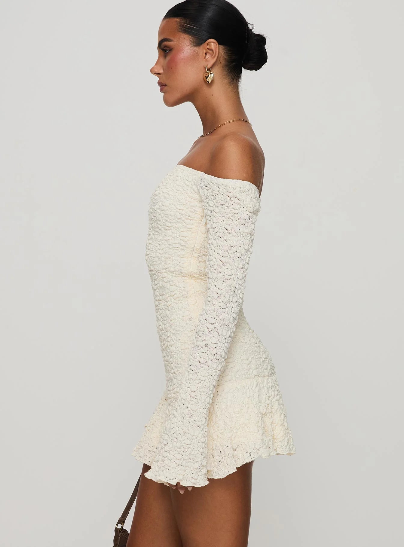 Cream Textured Lace Off-the-Shoulder Long Sleeve Ruffle Hem Mini Evening Dresses