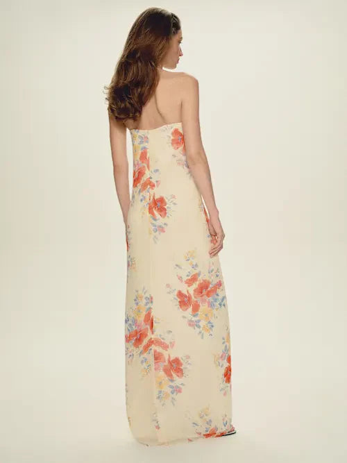 Cream Watercolor Floral Strapless Knot Front Maxi Prom Dress