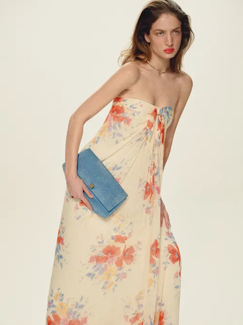 Cream Watercolor Floral Strapless Knot Front Maxi Prom Dress