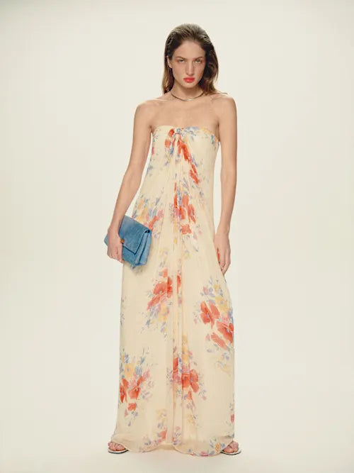 Cream Watercolor Floral Strapless Knot Front Maxi Prom Dress