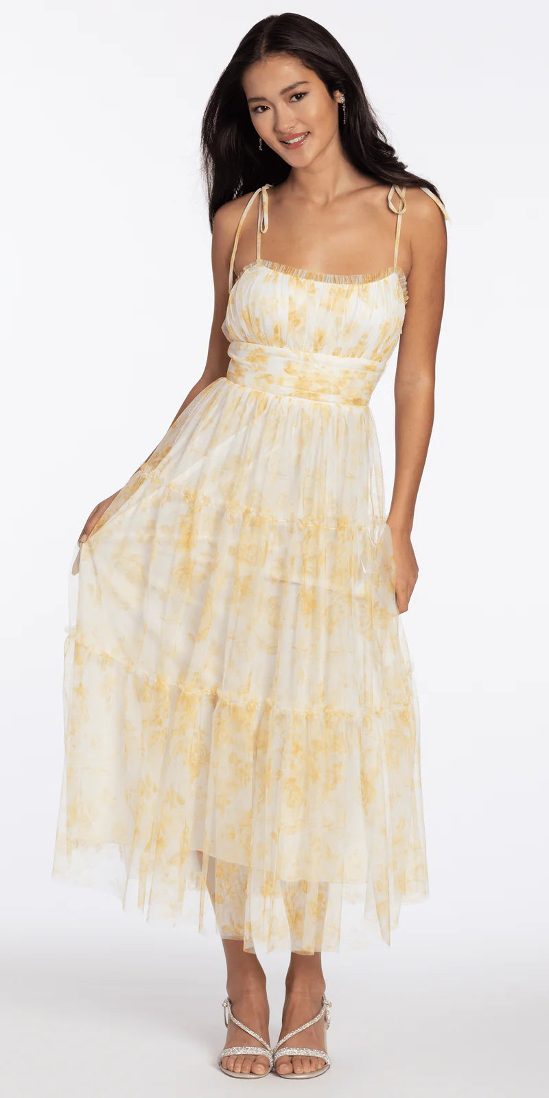 Cream Yellow Floral Print Tie-Strap Tiered Tulle Maxi Evening Dresses