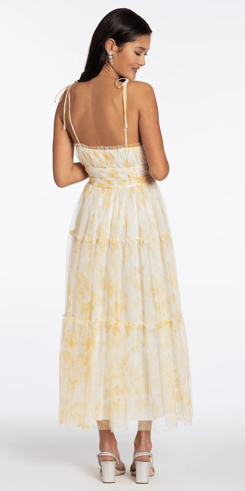 Cream Yellow Floral Print Tie-Strap Tiered Tulle Maxi Evening Dresses
