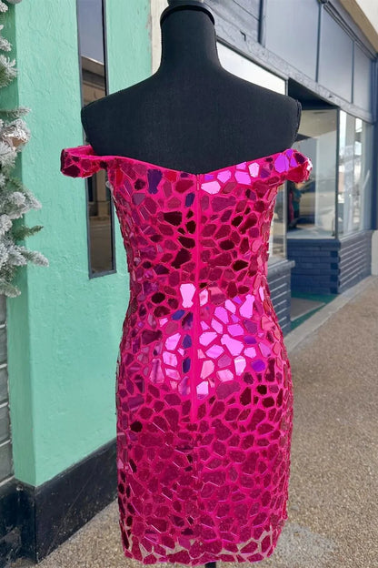 Cut Glass Mirror Off-the-Shoulder Bodycon Short Dress