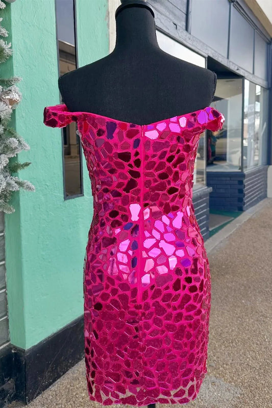 Cut Glass Mirror Off-the-Shoulder Bodycon Short Dress