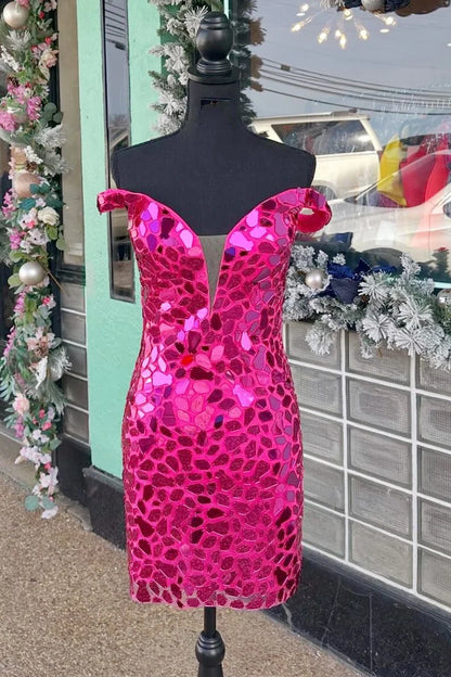 Cut Glass Mirror Off-the-Shoulder Bodycon Short Dress