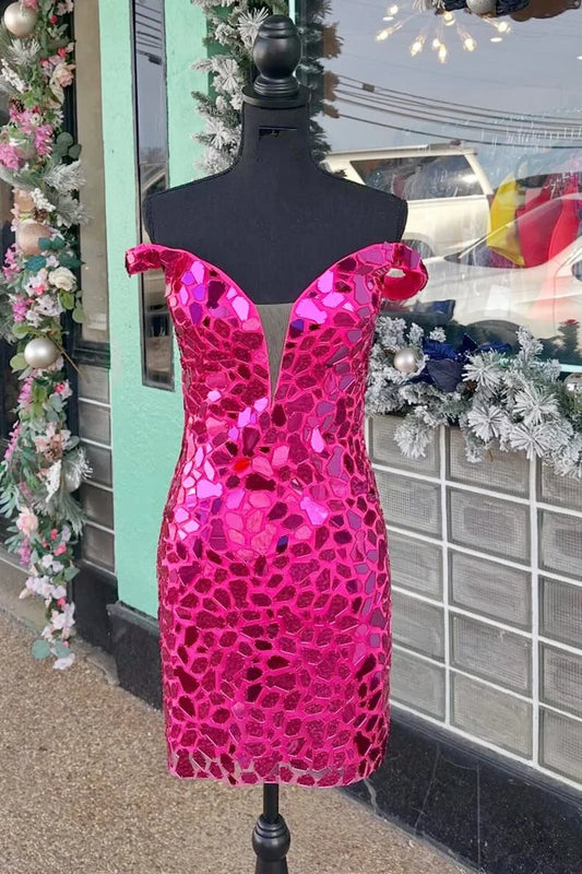 Cut Glass Mirror Off-the-Shoulder Bodycon Short Dress