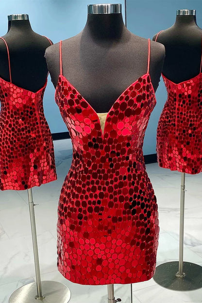 Cut Glass Mirror V-Neck Straps Bodycon Mini Party Dress