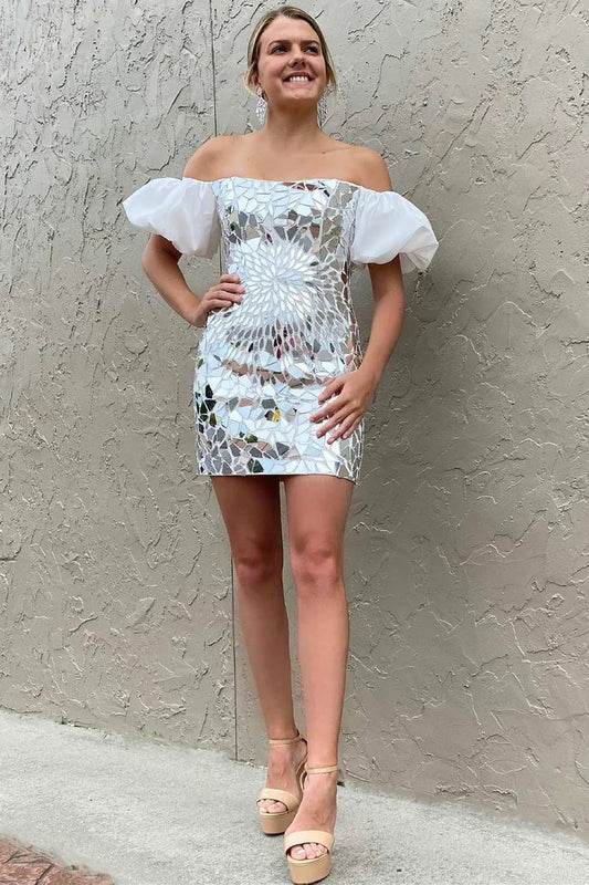 Cut Glass Mirror Puff Sleeve Short Homecoming Dress