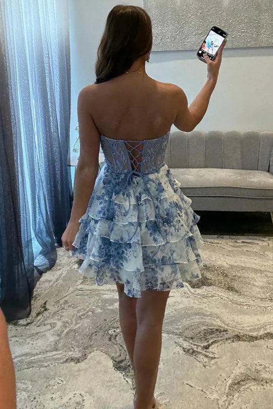 Cute A-Line Strapless Sweetheart Print Ruffles Short Homecoming Dress
