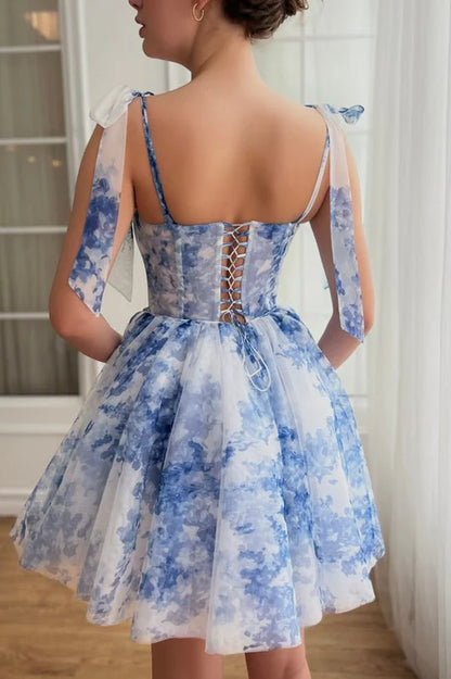 Cute A-Line Straps Empire-Waist Printing Sleeveless Short Homecoming Dress