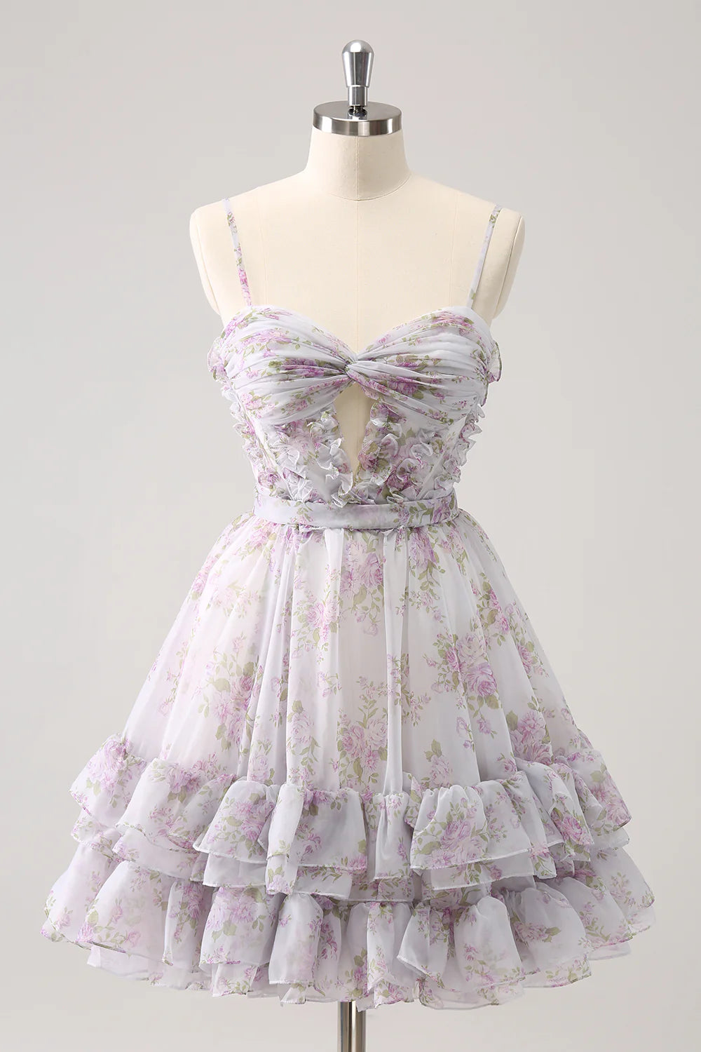 Cute A-line hollowed out layered printed flower back to school dress with ruffles