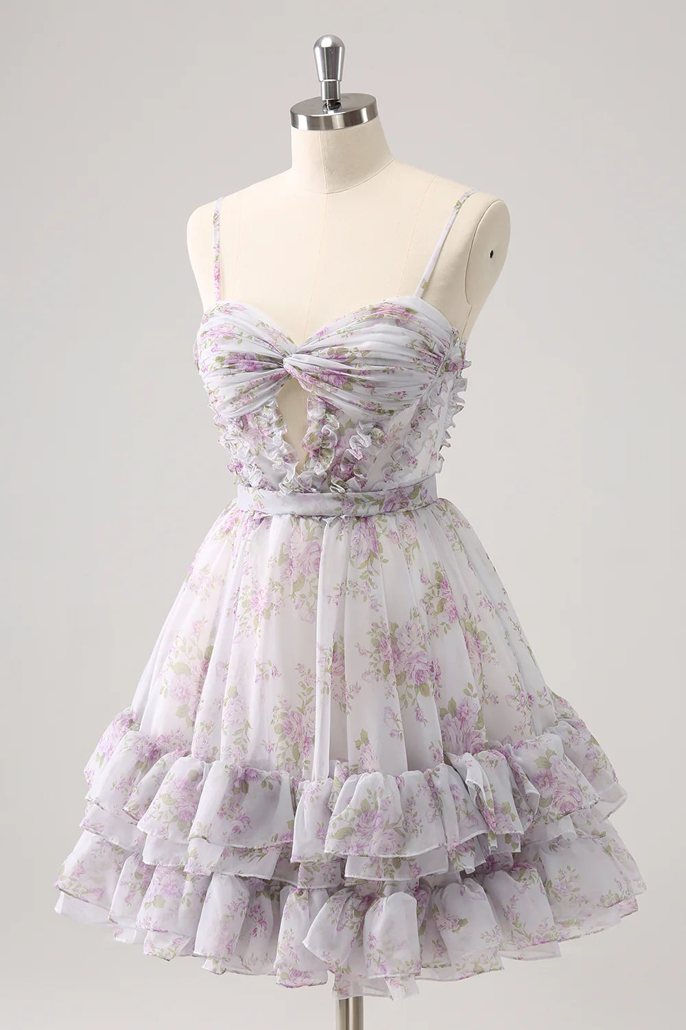 Cute A-line hollowed out layered printed flower back to school dress with ruffles