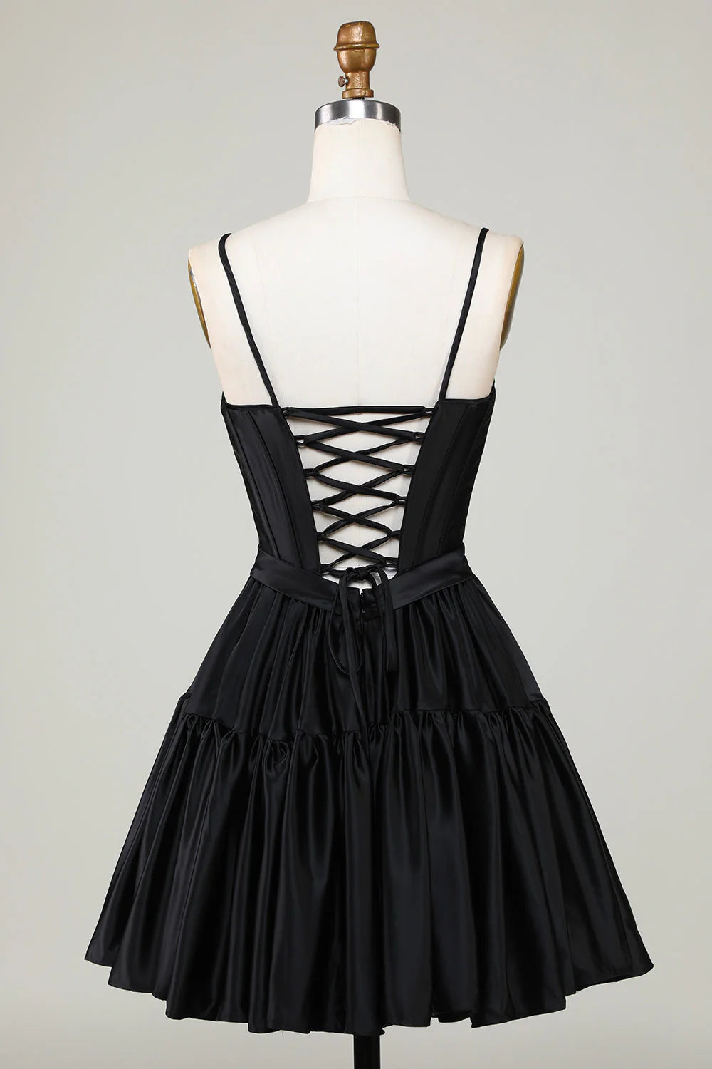 Cute A-line spaghetti strap with tight corset ruffled edges and bow back to school dress