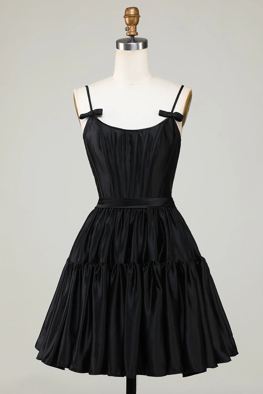 Cute A-line spaghetti strap with tight corset ruffled edges and bow back to school dress