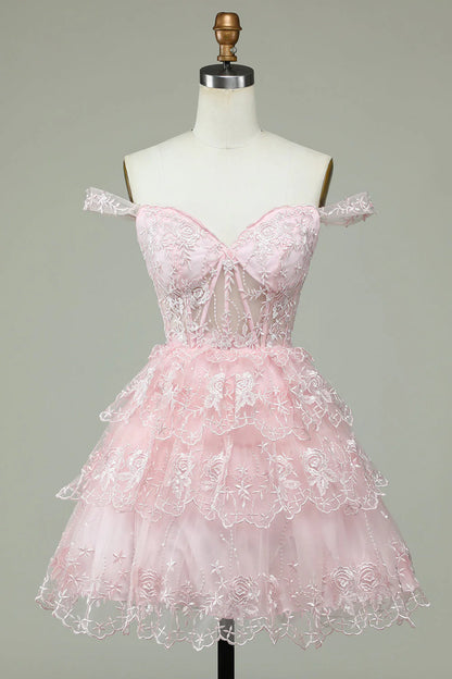 Princess A Line Corset Tiered Purple Short Homecoming Dress with Lace