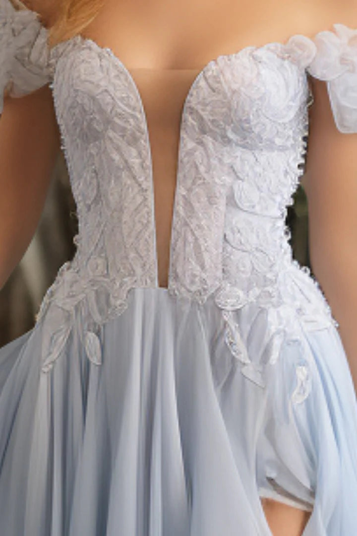 Cute light blue deep v off shoulder side slit ball gown