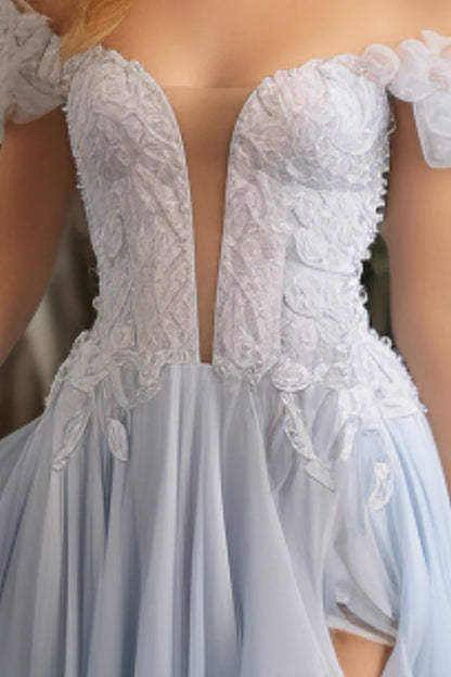 Cute light blue deep v off shoulder side slit ball gown